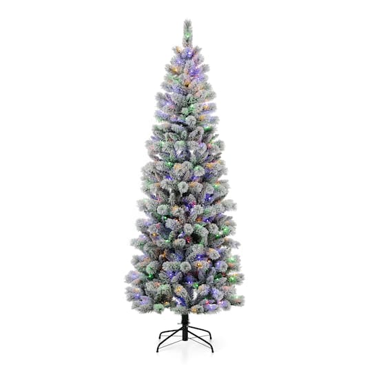 7.5ft Pre-Lit Flocked Green Pencil Pine Artificial Christmas Tree, Warm White & Multicolor LED Lights By Glitzhome in White/Green | 7.5 ft | Michaels®